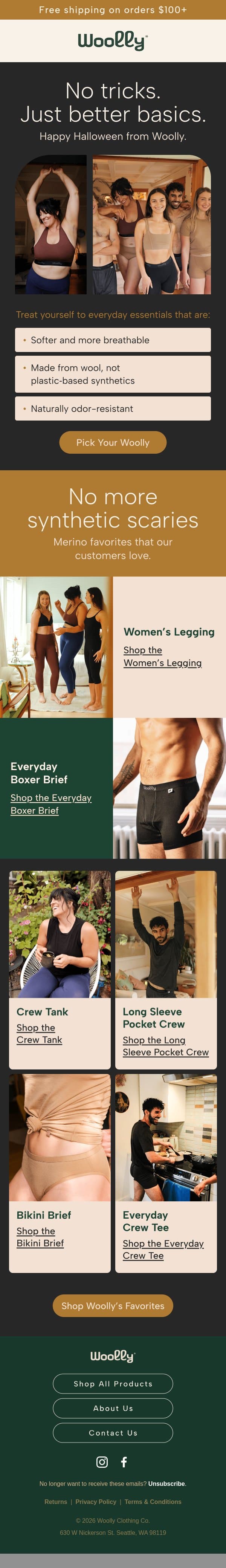 The scariest thing in your drawer? Synthetics 😱 email from Woolly Clothing screenshot