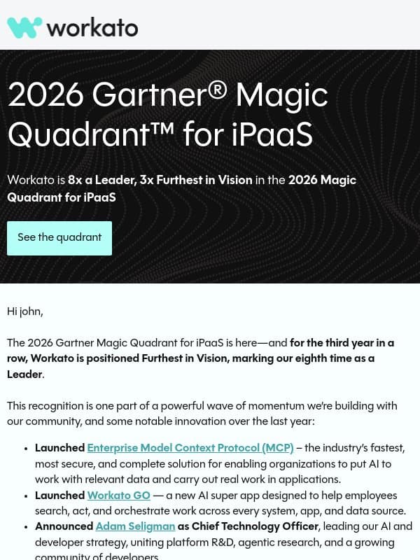 New! 2026 Gartner® Magic Quadrant™ for iPaaS email from Workato