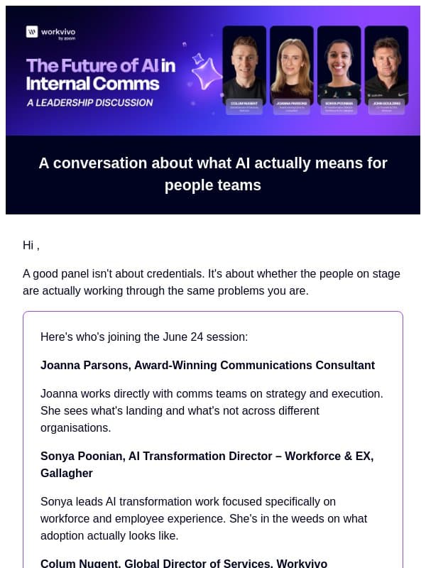 The panel behind the June 24 session email from Workvivo