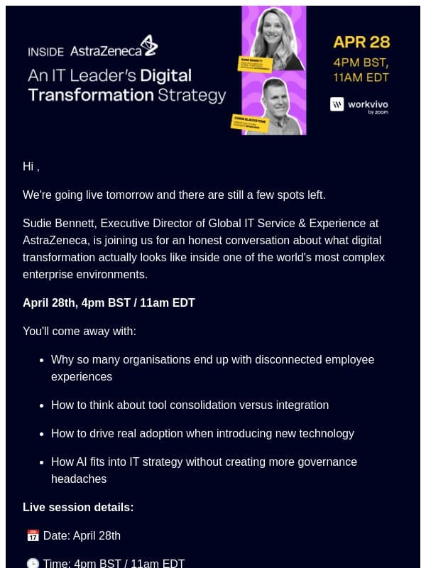Tomorrow — Inside AstraZeneca's digital transformation strategy email from Workvivo