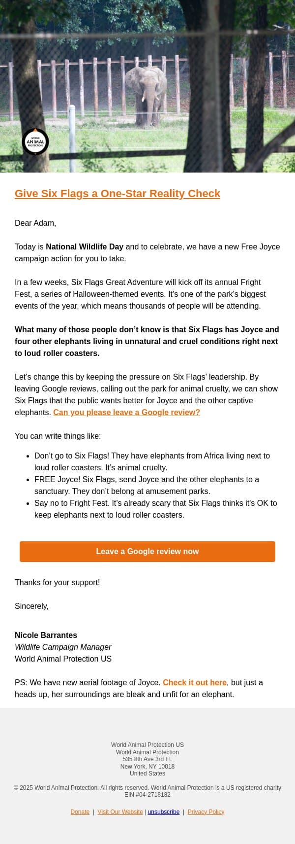National Wildlife Day: Help Joyce With a Google Review email from World Animal Protection screenshot