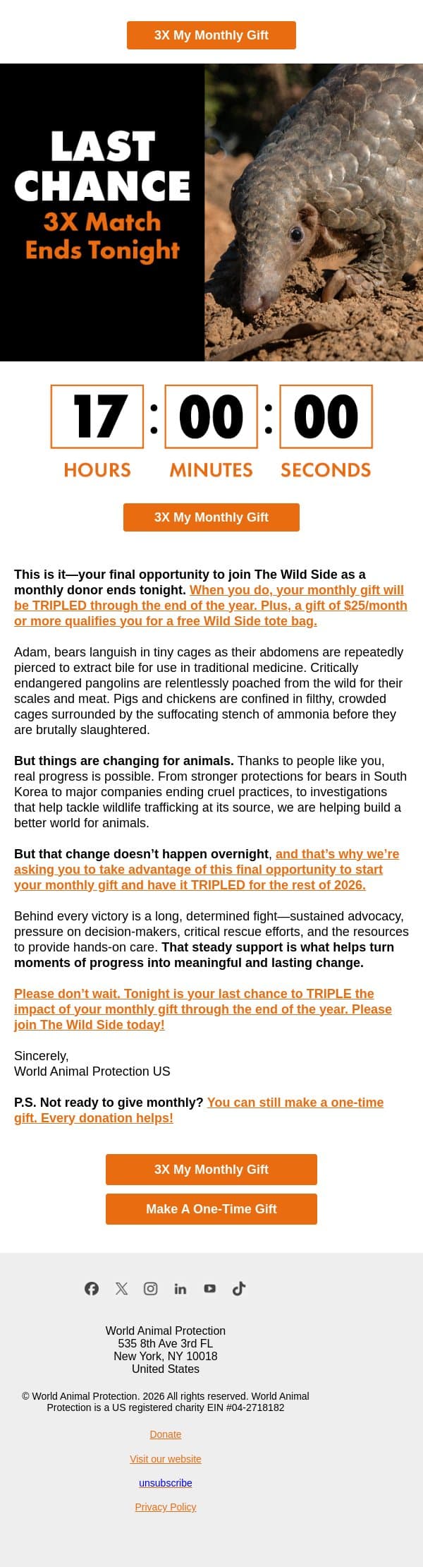 Last Chance to Triple Your Impact for Animals email from World Animal Protection screenshot