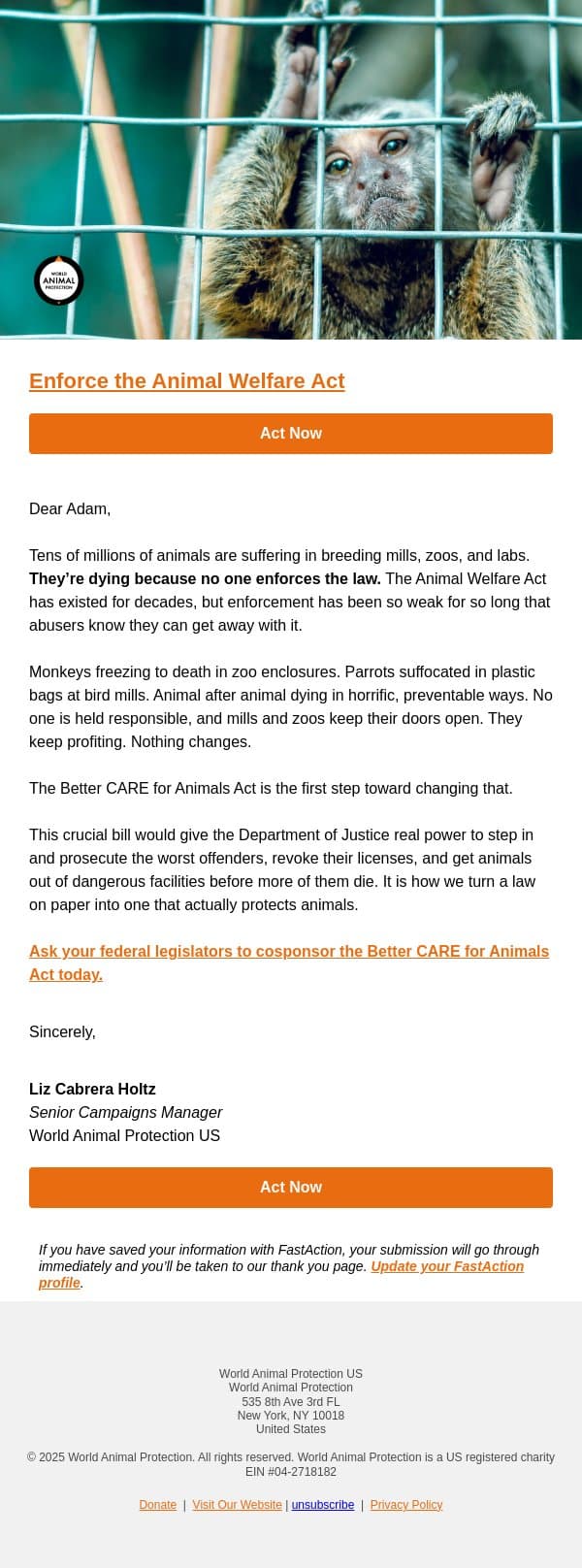 Demand Congress Hold Animal Abusers Accountable email from World Animal Protection screenshot