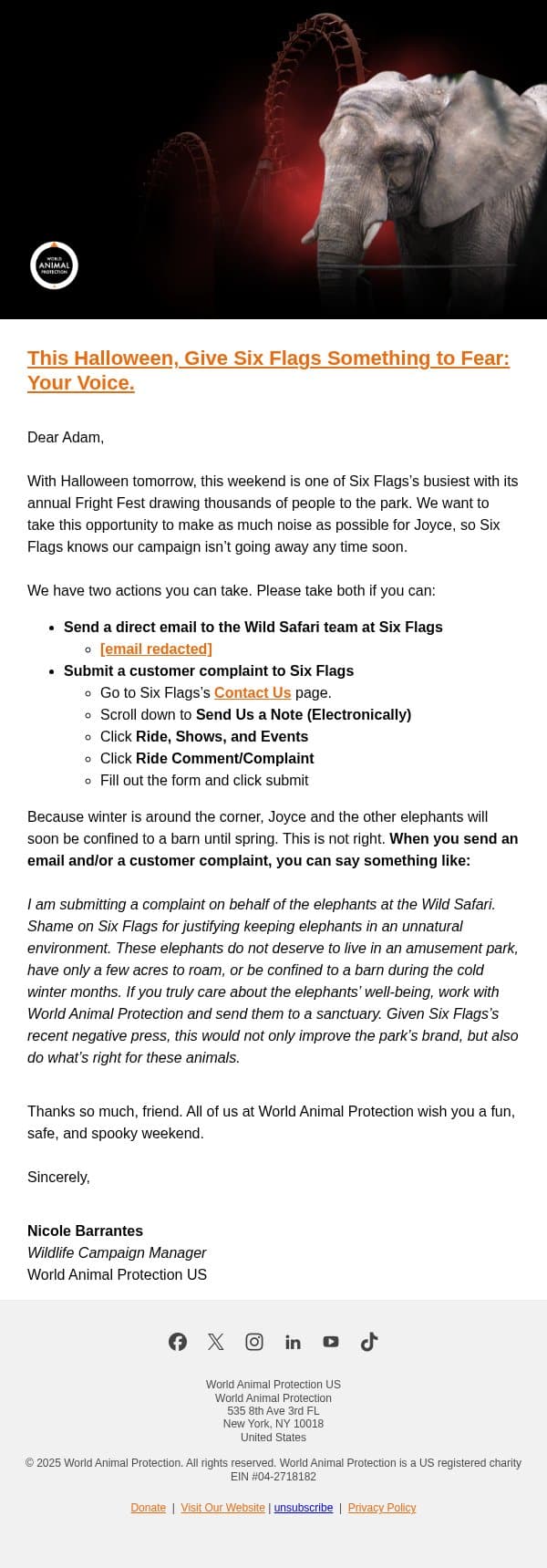 Time to Haunt Six Flags Until They Free Joyce! 👻 email from World Animal Protection screenshot