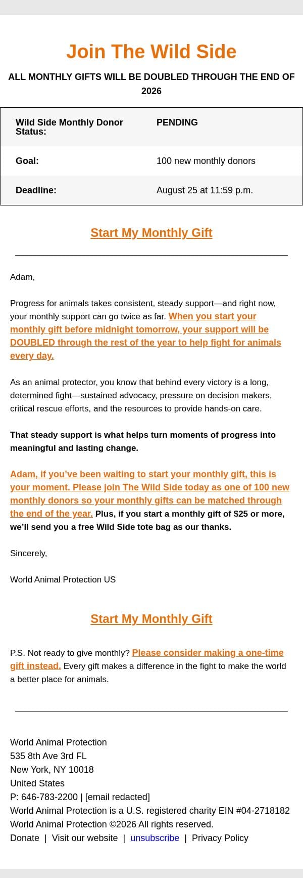 Animals Need You, Adam email from World Animal Protection screenshot