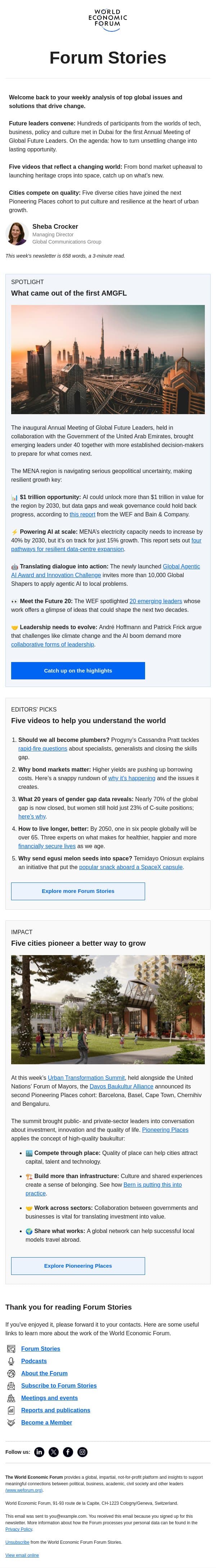 Future leaders in Dubai, longer lives, Pioneering Places email from World Economic Forum screenshot