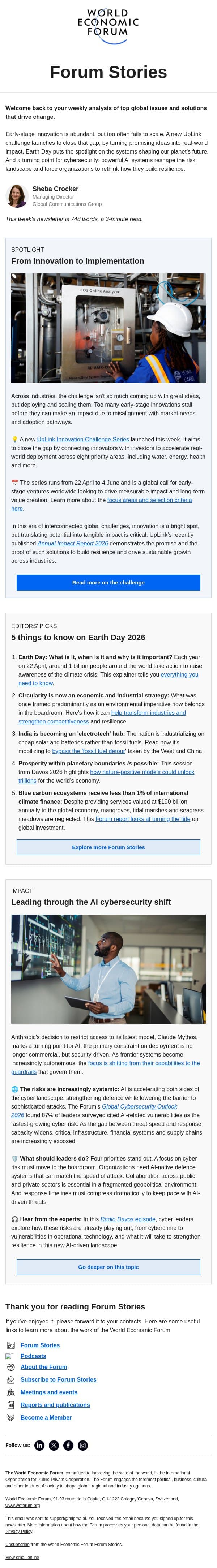 Scaling innovations, Earth Day 2026, AI cyber threats email from World Economic Forum screenshot