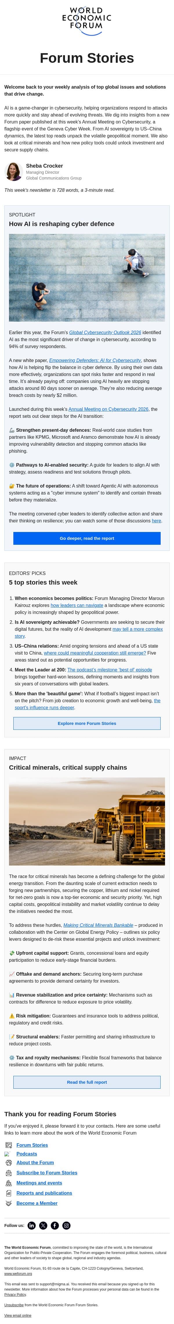 Cyber defenders, global complexity, critical minerals gap email from World Economic Forum screenshot