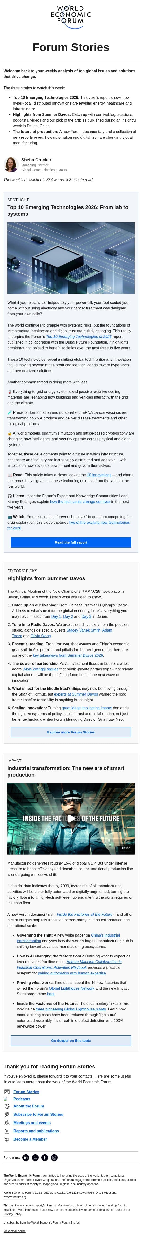 Top 10 tech, highlights from Summer Davos, industrial transformation email from World Economic Forum screenshot