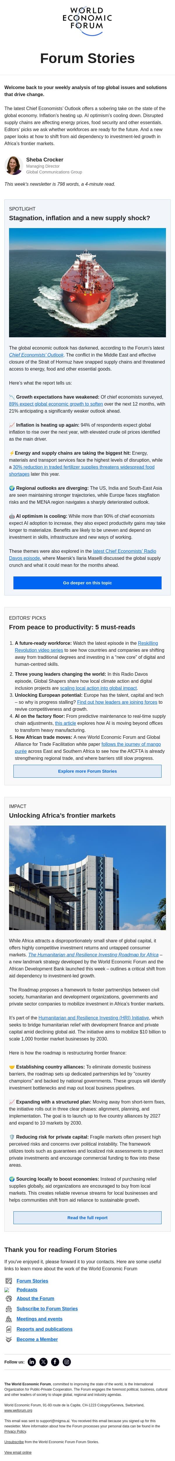 Chief economists’ outlook, future-ready workforces, frontier market investing email from World Economic Forum screenshot