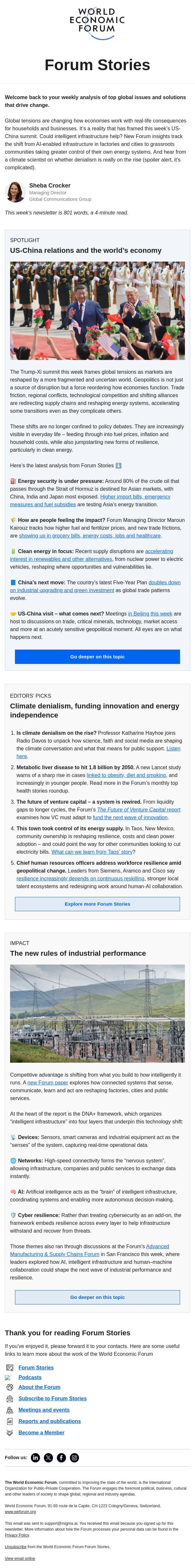 US-China and geopolitics, climate-change denialism, intelligent infrastructure email from World Economic Forum screenshot