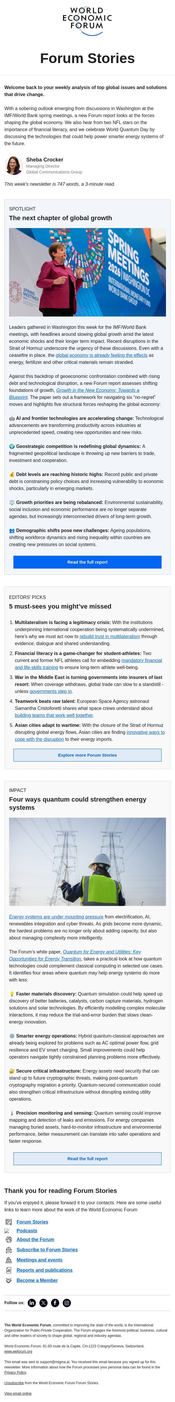 The future of growth, teamwork over talent, World Quantum Day email from World Economic Forum screenshot
