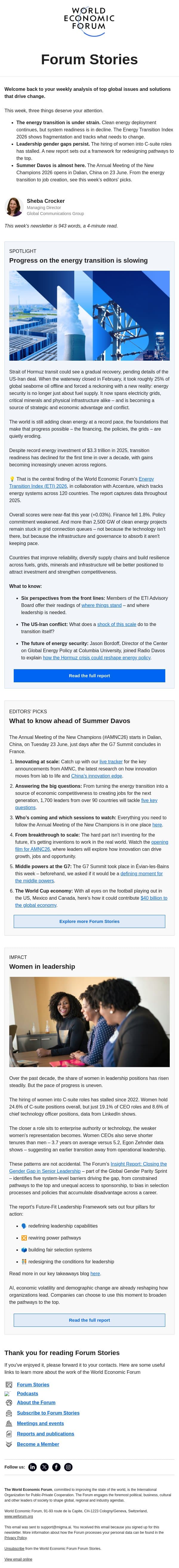 The energy transition, Summer Davos, women in leadership email from World Economic Forum screenshot