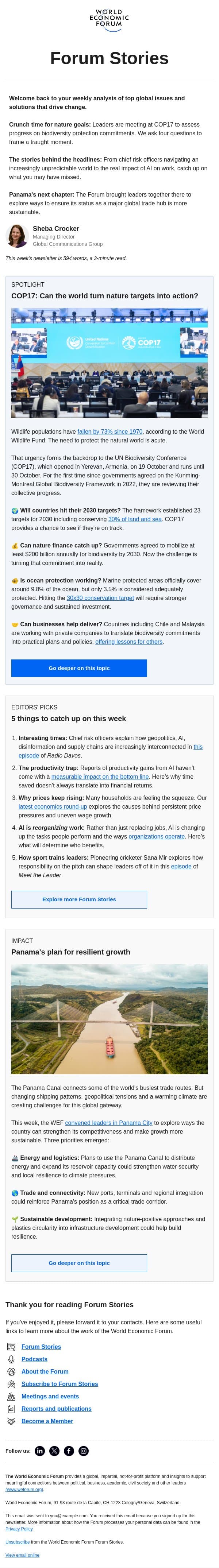 Nature targets, AI at work, Panama's trade future email from World Economic Forum screenshot