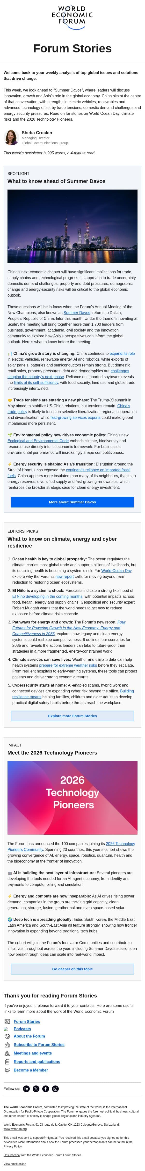 China and the global economy, climate shocks, Technology Pioneers email from World Economic Forum screenshot