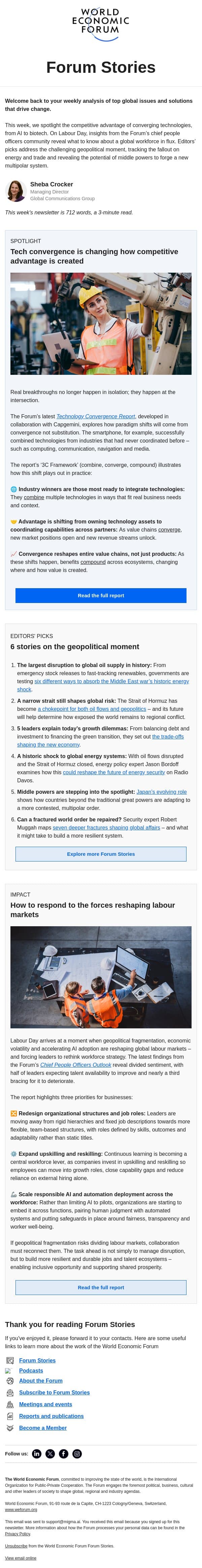 Technology convergence, geopolitical shocks, Labour Day email from World Economic Forum screenshot