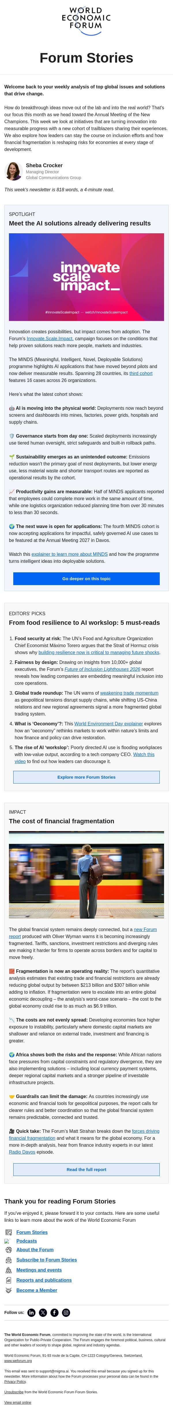 Working innovation, future of inclusion, financial fragmentation email from World Economic Forum screenshot