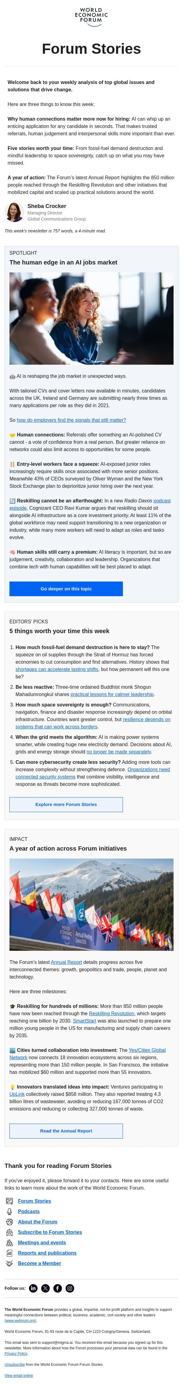 AI and jobs, mindful leadership, a year of Forum impact email from World Economic Forum screenshot