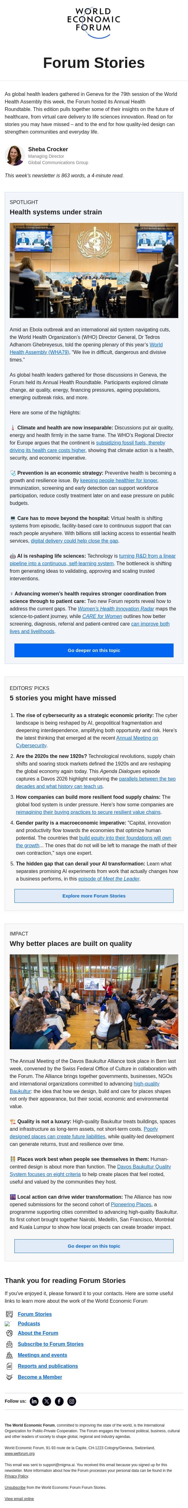 Health systems in focus, Decade Déjà Vu, building better places email from World Economic Forum screenshot