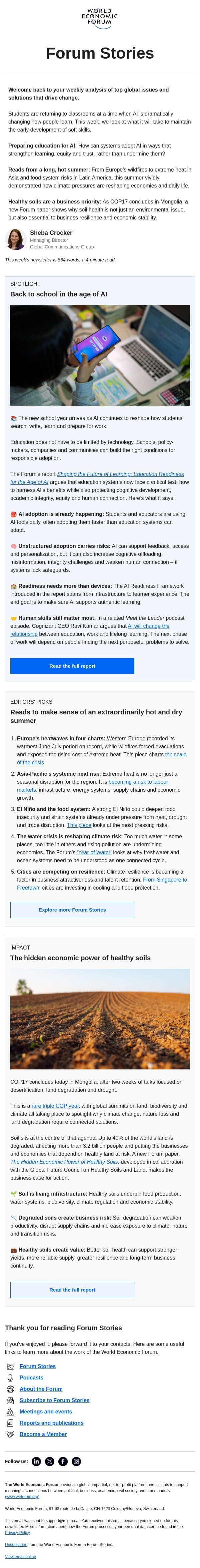 Learning in the age of AI, summer heat, healthy soils email from World Economic Forum screenshot
