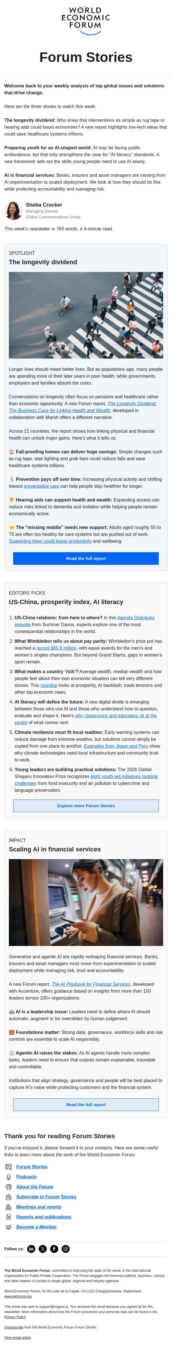 Ageing well, digital divide, AI in finance email from World Economic Forum screenshot
