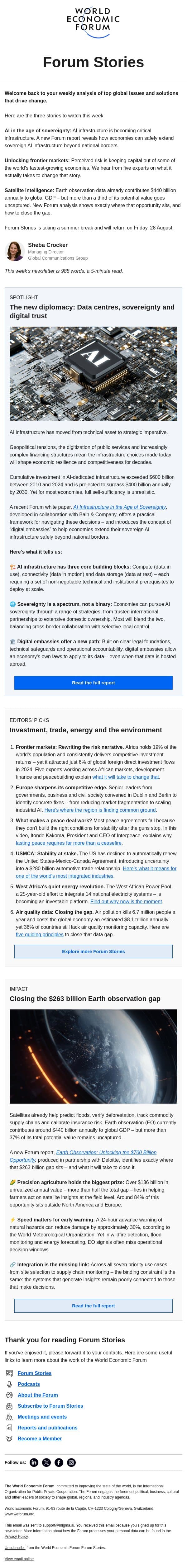 AI sovereignty, frontier investment, Earth observation email from World Economic Forum screenshot