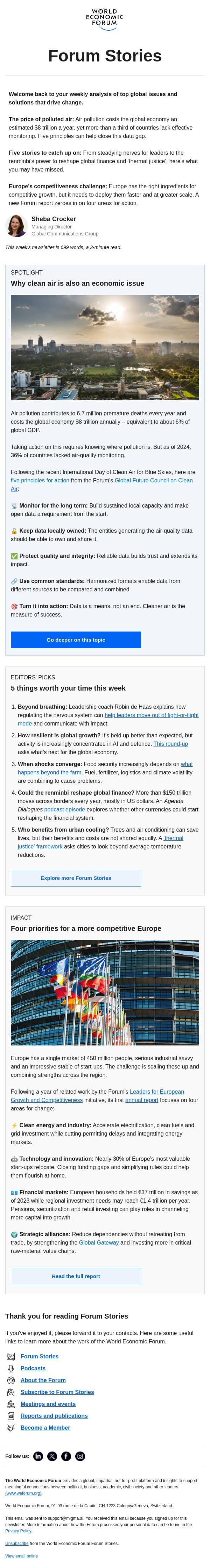 Clean air, global resilience, Europe’s competitive edge email from World Economic Forum screenshot