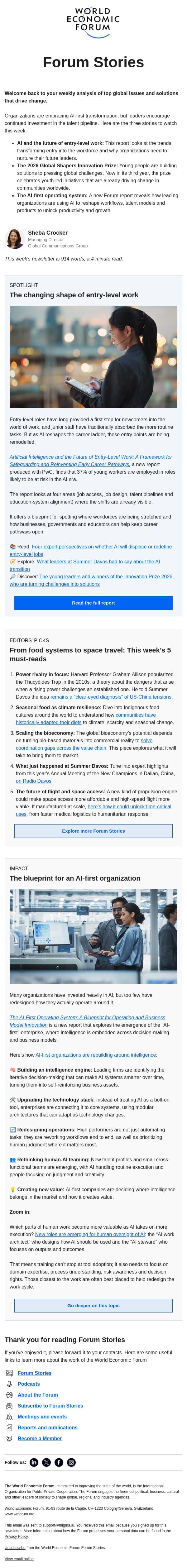 Entry-level jobs, the Global Shapers Innovation Prize, AI-first enterprises email from World Economic Forum screenshot