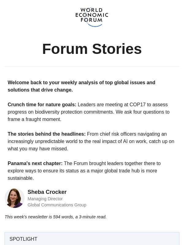 Nature targets, AI at work, Panama's trade future email from World Economic Forum