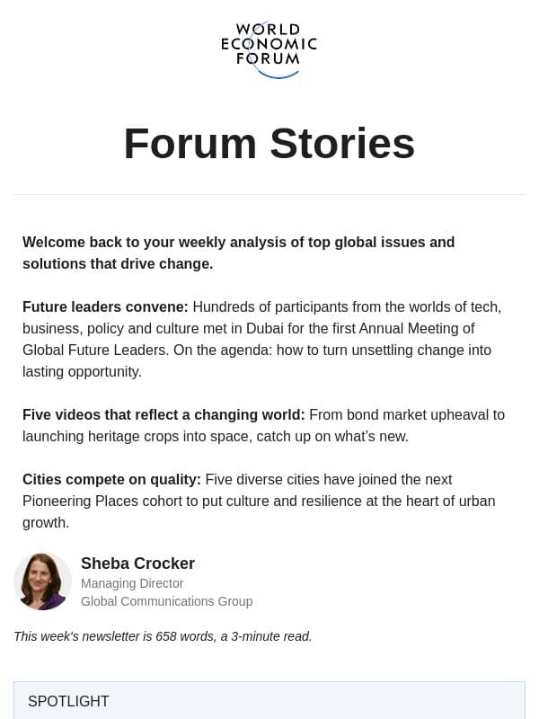 Future leaders in Dubai, longer lives, Pioneering Places email from World Economic Forum