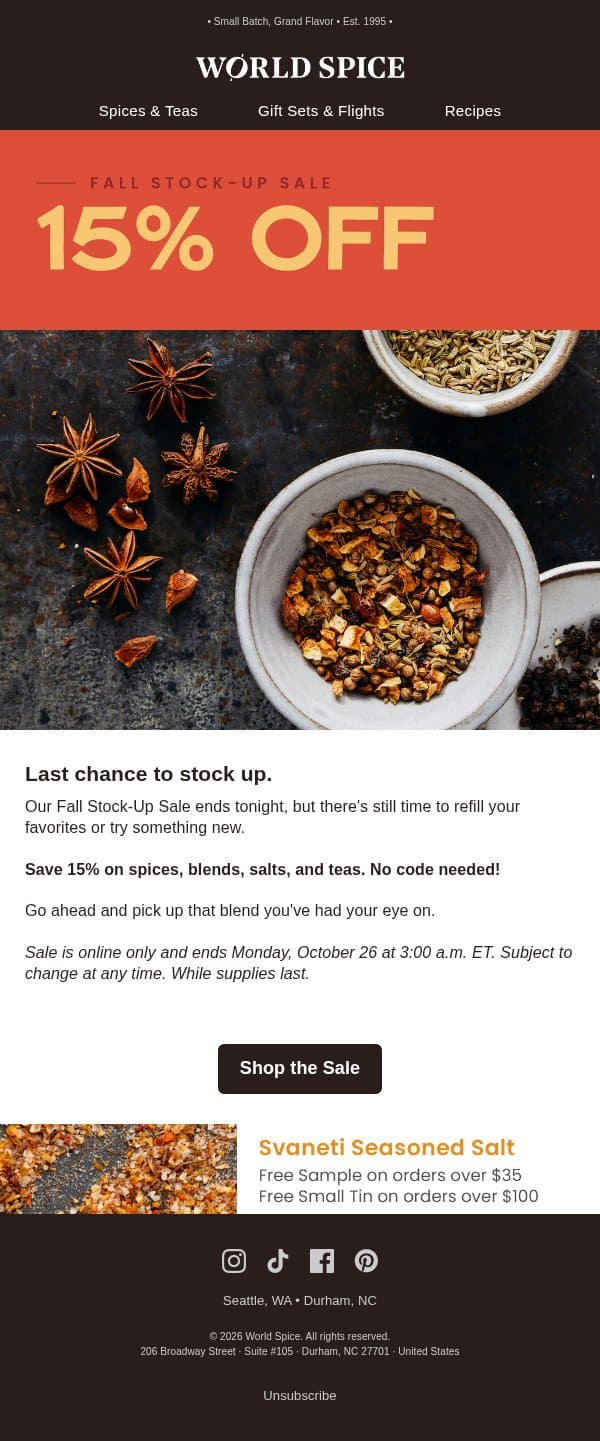 Last chance: 15% off email from World Spice Merchants screenshot