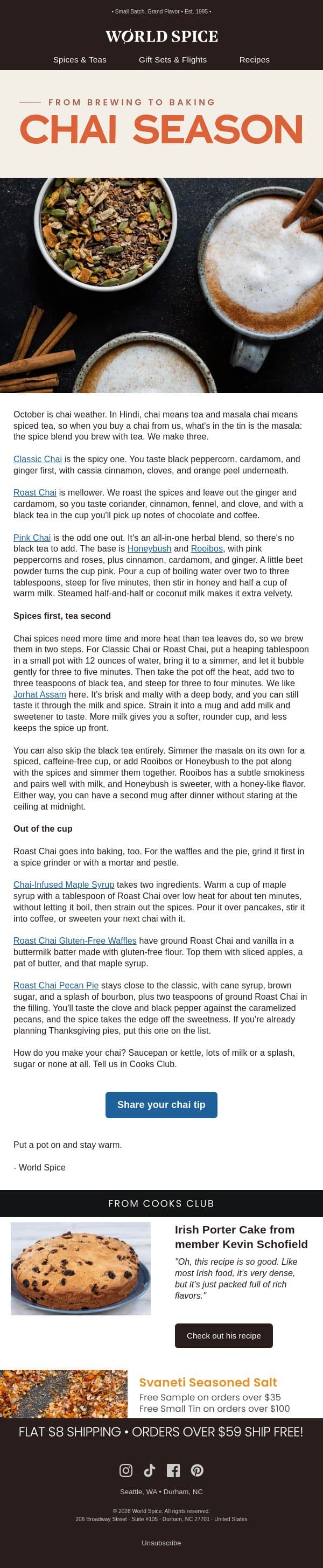 It's chai weather email from World Spice Merchants screenshot
