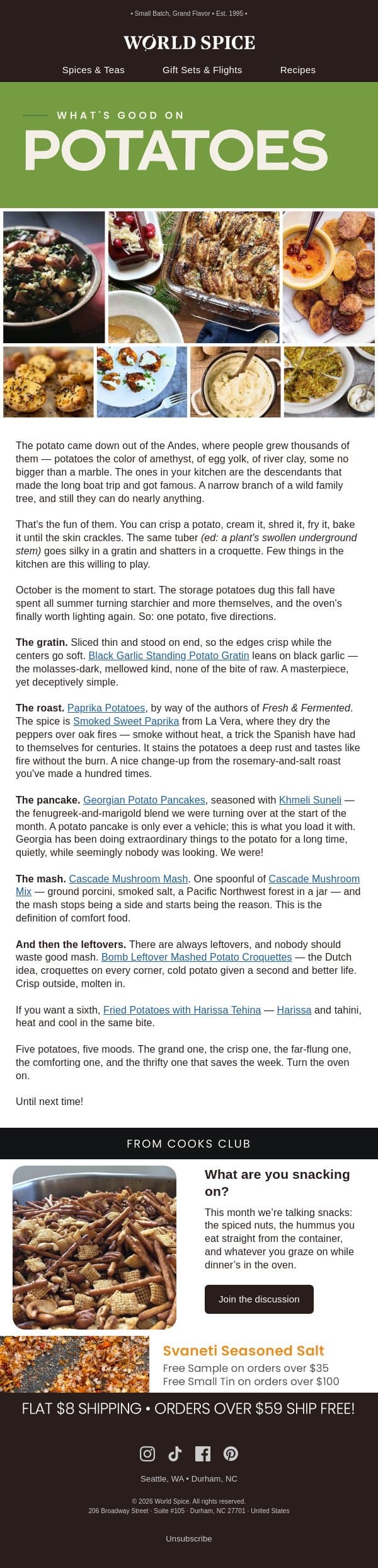 Whats Good On: Potatoes email from World Spice Merchants screenshot