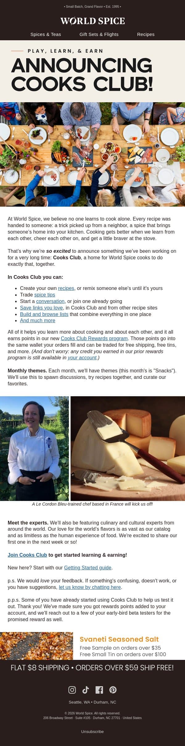 Announcing Cooks Club! email from World Spice Merchants screenshot