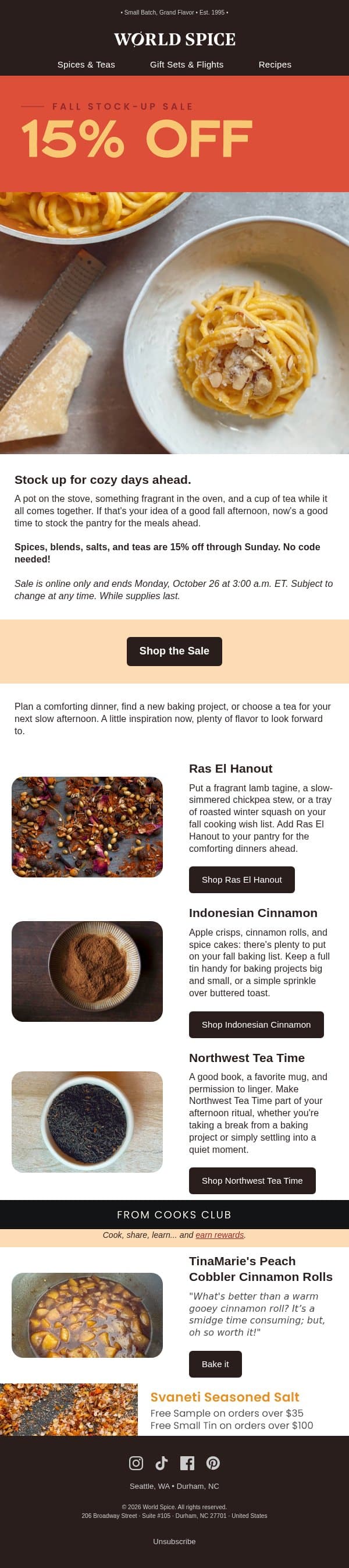 Cozy days ahead email from World Spice Merchants screenshot