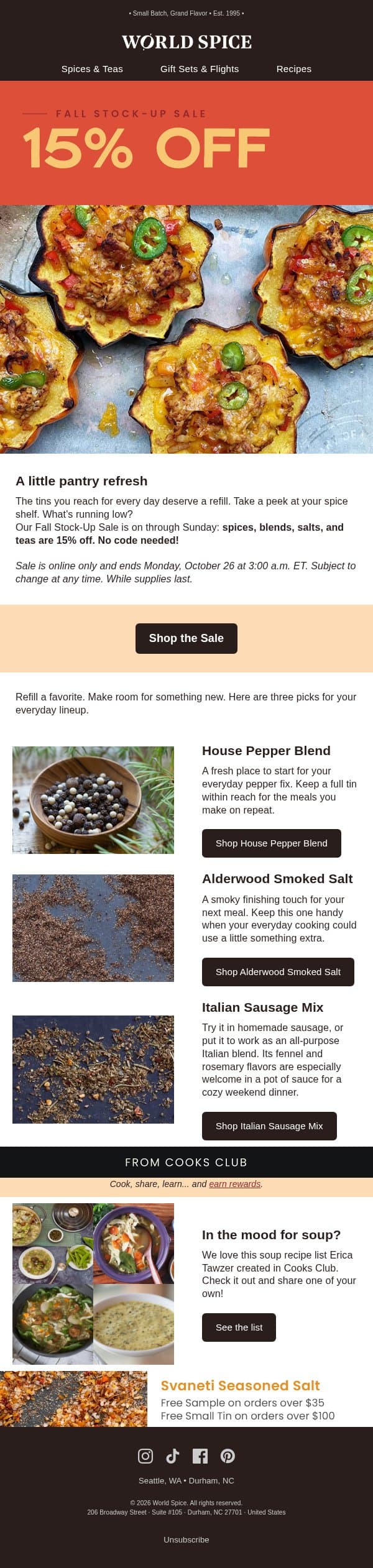 Make room for more flavor: 15% off email from World Spice Merchants screenshot