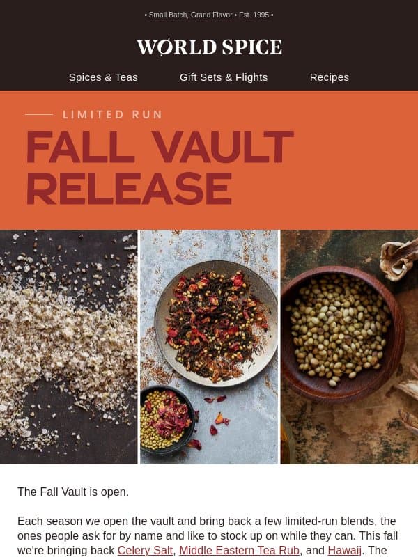 Fall Vault is here! email from World Spice Merchants