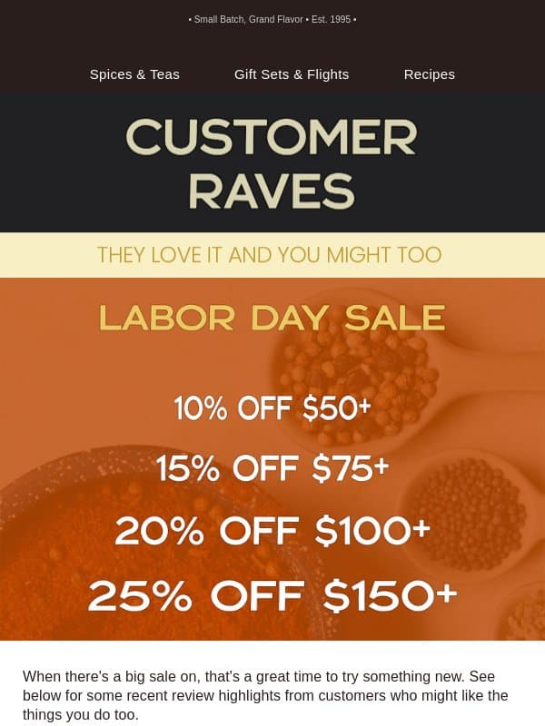 Up to 25% off Customer Favorites email from World Spice Merchants