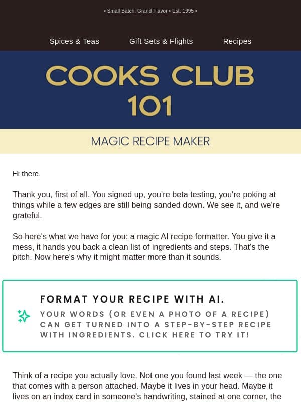 Cooks Club: Names & Magic Recipe Formatting email from World Spice Merchants