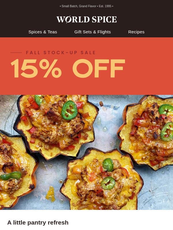 Make room for more flavor: 15% off email from World Spice Merchants