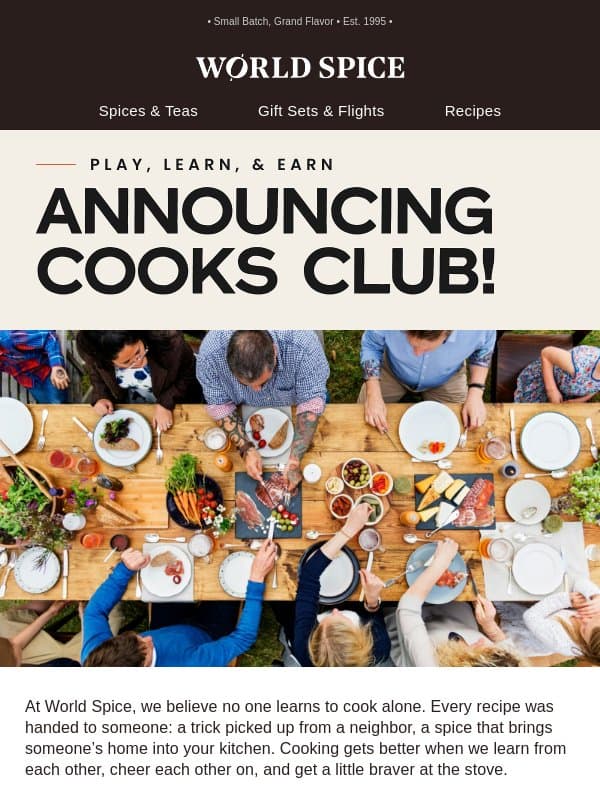 Announcing Cooks Club! email from World Spice Merchants