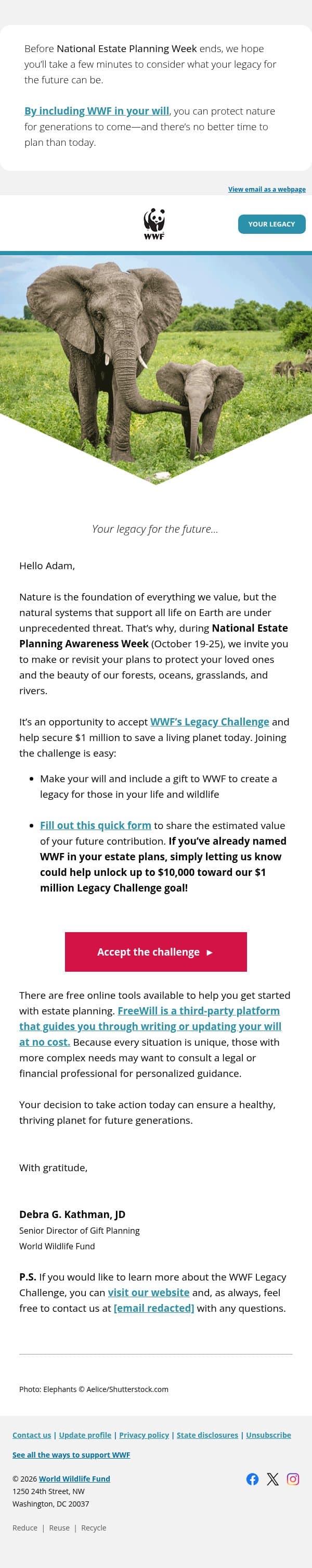 Your plans today can protect nature for generations to come email from World Wildlife Fund screenshot