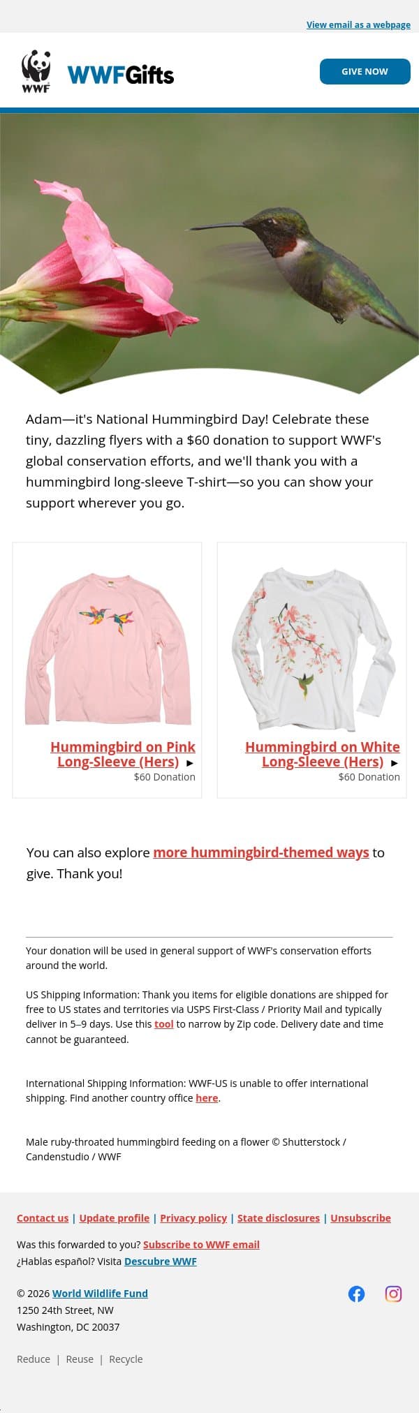 Adam, show your support this National Hummingbird Day email from World Wildlife Fund screenshot