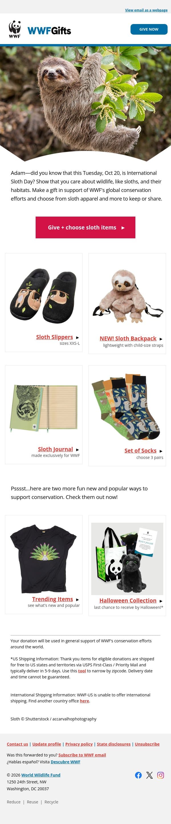 Adam, do you know what Tuesday is? email from World Wildlife Fund screenshot