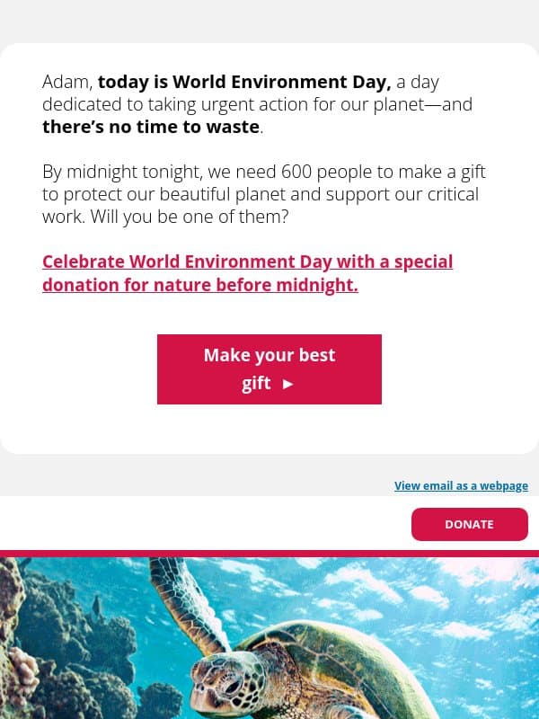 Today on World Environment Day, nature needs you email from World Wildlife Fund