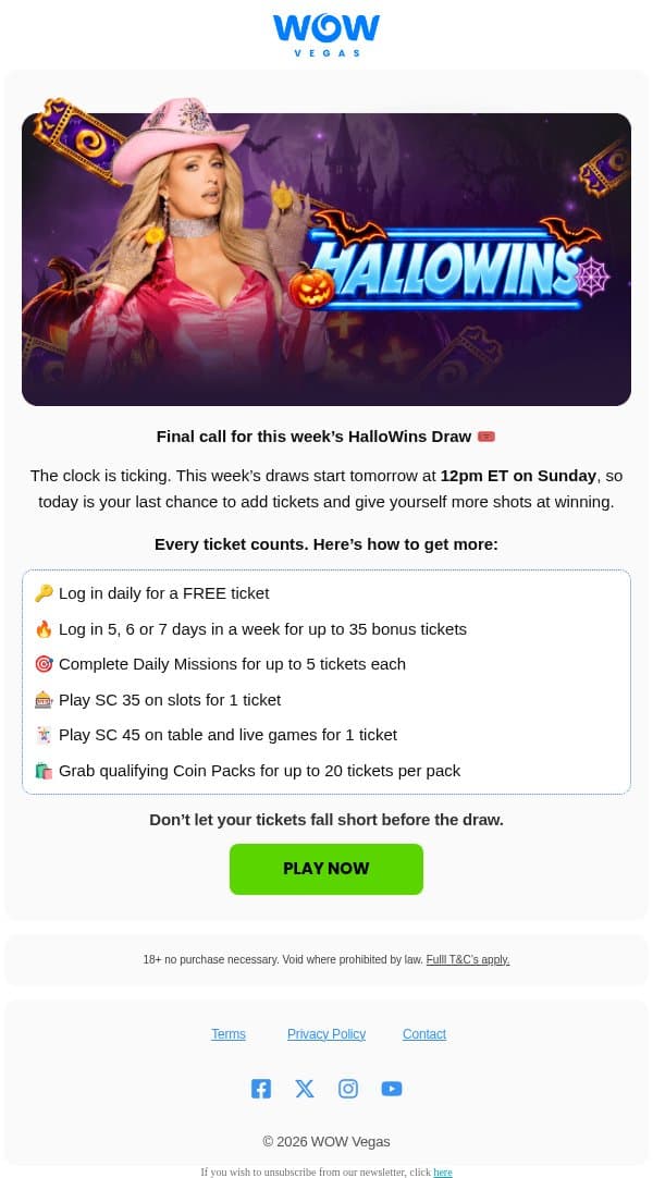 π 24 hours left to fill your HalloWins Draw tickets email from WOW Vegas screenshot