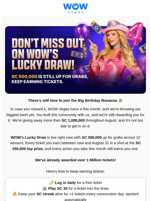 Birthday Bonanza: π SC 500,000 In Our Lucky Draw email from WOW Vegas