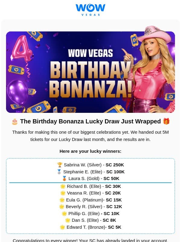 The WOW Birthday Bonanza Winners Are In! ๐ email from WOW Vegas