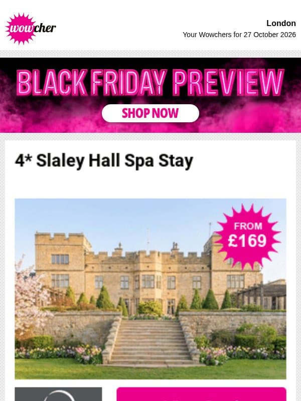 4* Slaley Hall Spa Stay | Turtle Bay: Caribbean Dining & Cocktails | Bannatyne Pamper Spa Day with 2 Gifts | iFLY Indoor Skydiving email from Wowcher