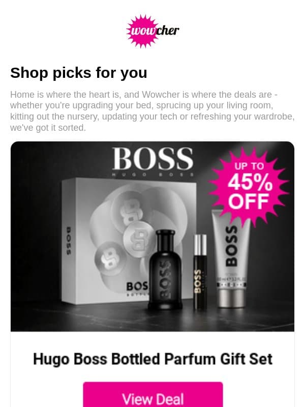 Hugo Boss Bottled Parfum Gift Set | Panel Divan Bed with Mattress | Halloween Pumpkin Plush Onesie | Designer Watch Inspired Building Block Kit | 2000W Rapid Warming Electric Heater email from Wowcher